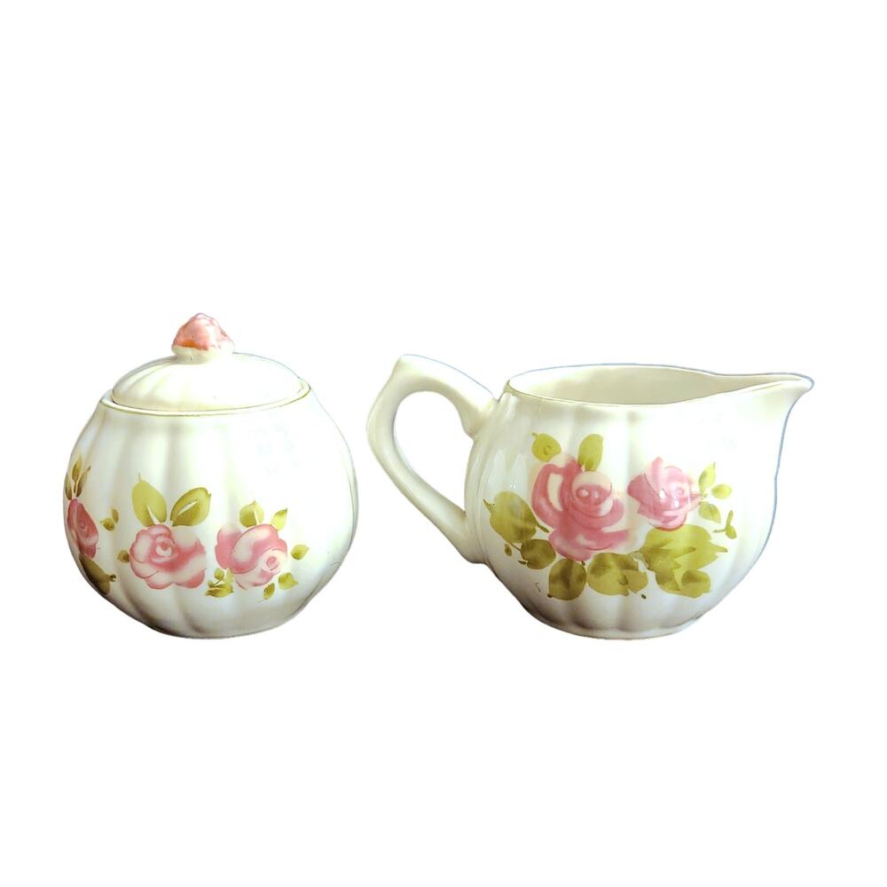 Gibson Roseland Porcelain Stoneware Vintage Sugar Bowl with Lid and Creamer Set - Picture 3 of 10